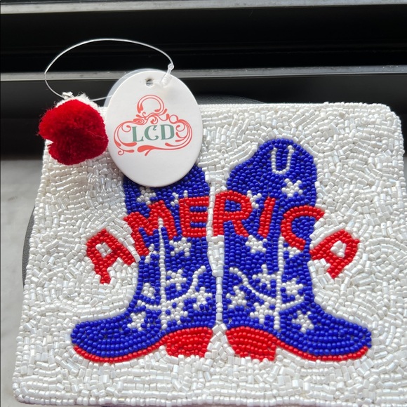 LCD HAND CRAFTED RED, WHITE and BLUE BEADED LIMITED QUANTITY ZIP POUCH - Picture 2 of 5